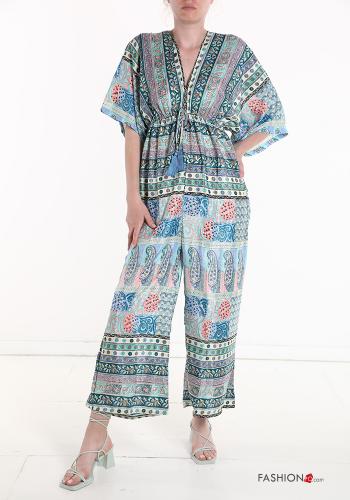  Jacquard print Silk Jumpsuit with elastic 3/4 sleeve with v-neck Savoy blue
