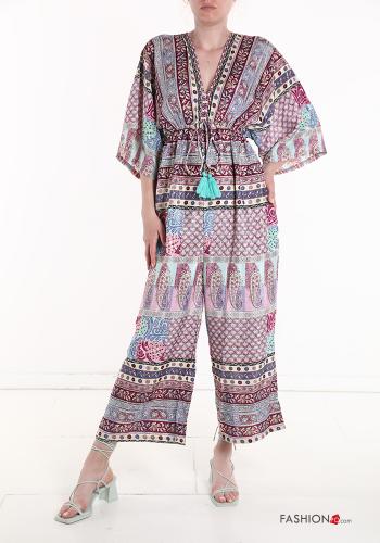  Jacquard print Silk Jumpsuit with elastic 3/4 sleeve with v-neck Amethyst