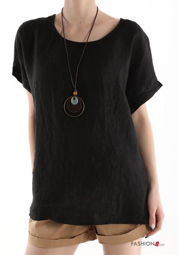  Linen Blouse with necklace Black