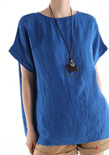  Linen Blouse with necklace Blue