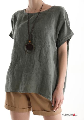  Linen Blouse with necklace Military green