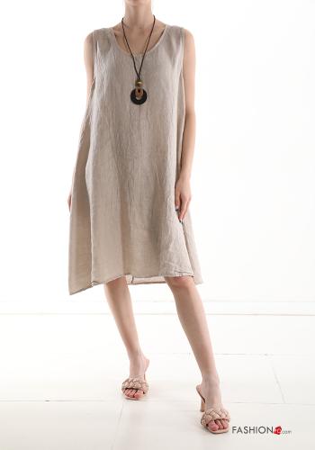  Linen Sleeveless Dress with necklace Beige