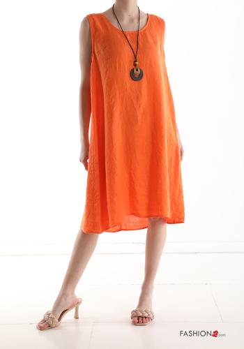  Linen Sleeveless Dress with necklace Orange