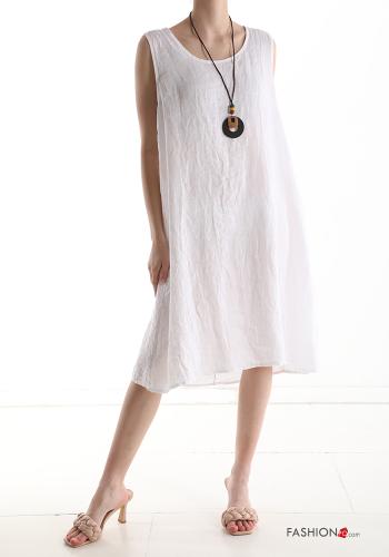  Linen Sleeveless Dress with necklace White