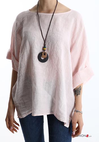  Linen Blouse with necklace Pink