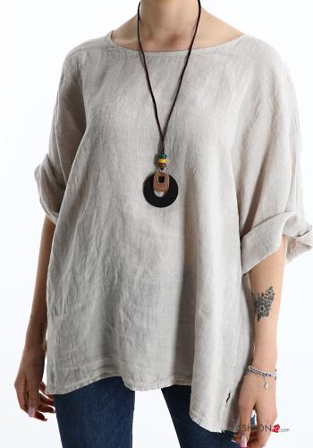  Linen Blouse with necklace Beige