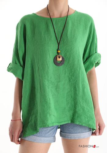  Linen Blouse with necklace Green