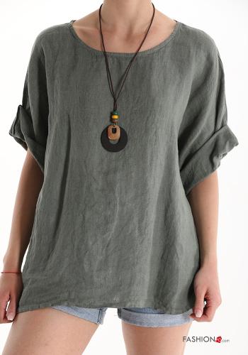 Linen Blouse with necklace Military green