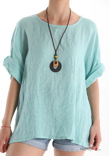  Linen Blouse with necklace Aqua green