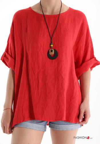  Linen Blouse with necklace Red