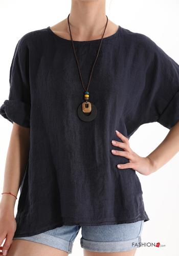  Linen Blouse with necklace Dark turquoise
