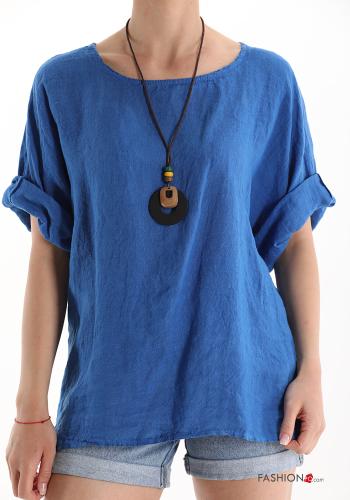  Linen Blouse with necklace Blue