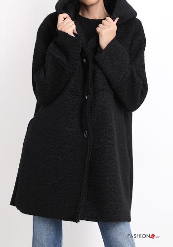  Mantel mit Knöpfen mit Kapuze mit Taschen Schwarz
