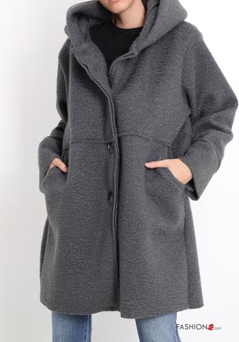  Mantel mit Knöpfen mit Kapuze mit Taschen Grau