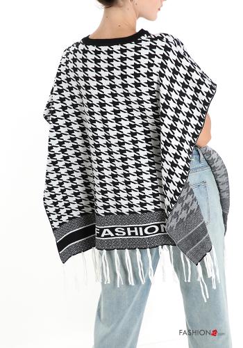  Houndstooth Poncho with fringes Black