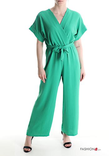  short sleeve Jumpsuit with elastic with sash with v-neck