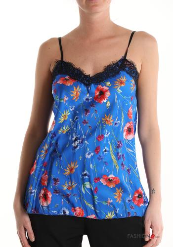  Floral lace trim Tank-Top with v-neck Blue