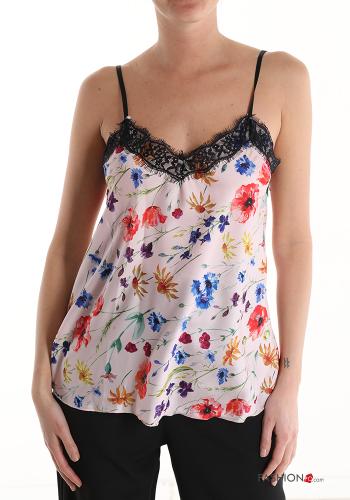  Floral lace trim Tank-Top with v-neck Pink