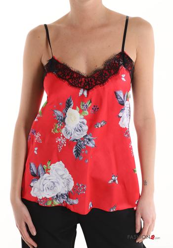  Floral lace trim Tank-Top with v-neck Red