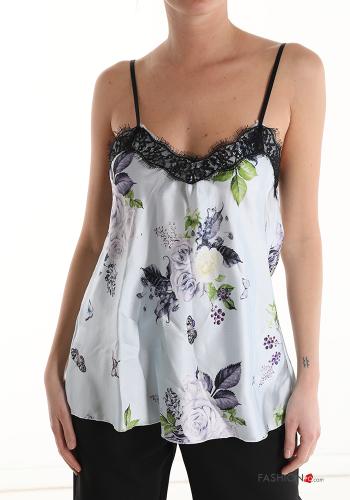  Floral lace trim Tank-Top with v-neck Light cornflower blue