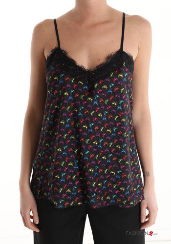  Floral lace trim Tank-Top with v-neck Carbon
