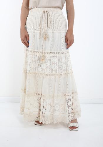  lace Longuette Cotton Skirt with flounces with bow Beige