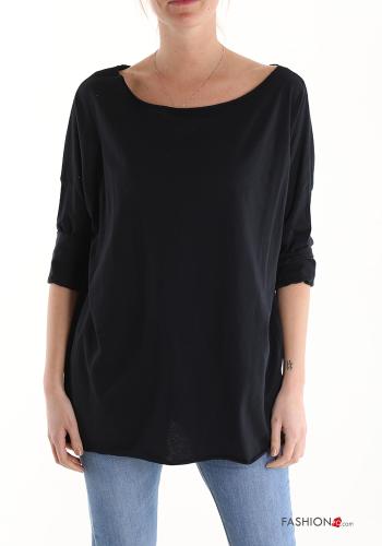  Cotton Long sleeved top boat neckline Black
