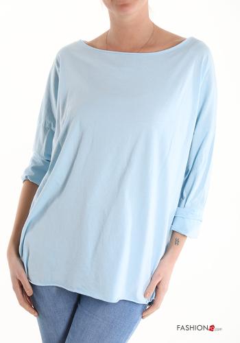  Cotton Long sleeved top boat neckline Light -blue