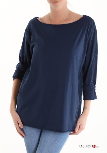  Cotton Long sleeved top boat neckline Blue