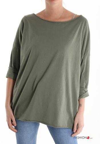  Cotton Long sleeved top boat neckline Military green