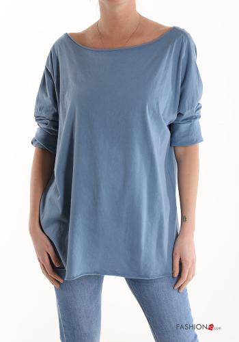  Cotton Long sleeved top boat neckline Light blue