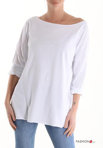  Cotton Long sleeved top boat neckline White