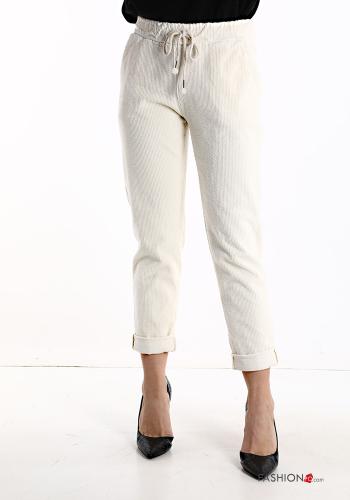  Velvet Cotton Trousers with pockets with bow White Cream