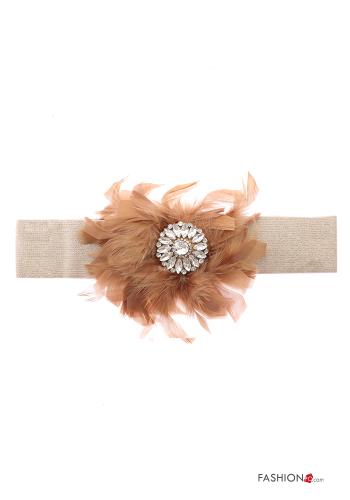  Belt with rhinestones with feathers with elastic with buttons Beige