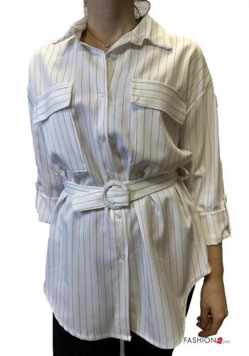  Chemise Imprimé à rayures avec ceinture manches à trois-quarts  Blanc