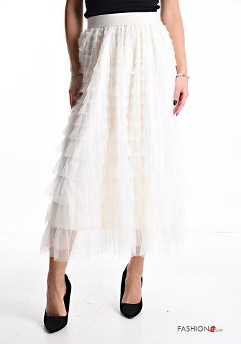  tulle Longuette Skirt with flounces with elastic Ivory