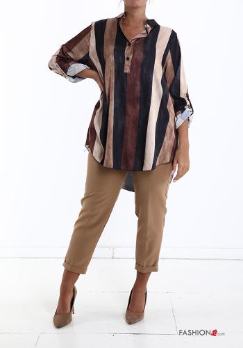  Striped asymmetrical Tunic with buttons 3/4 sleeve Black
