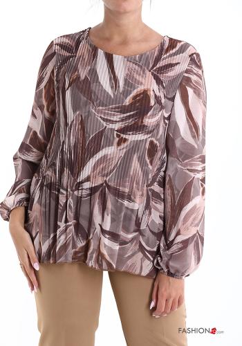  Leaf print pleated Blouse  Camel