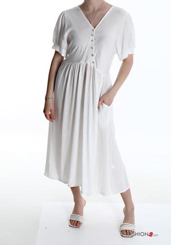  v-neck Dress with buttons with pockets White
