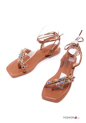  faux leather Sandals with rhinestones Ankle strap Brown