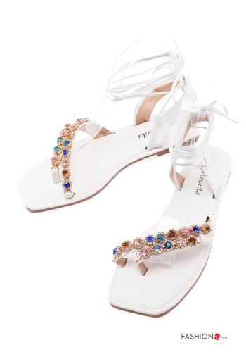  faux leather Sandals with rhinestones Ankle strap White