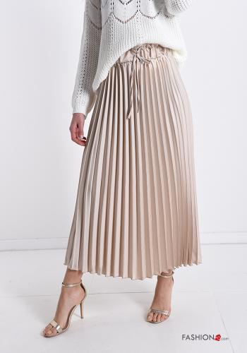  pleated Longuette satin Skirt with bow Beige