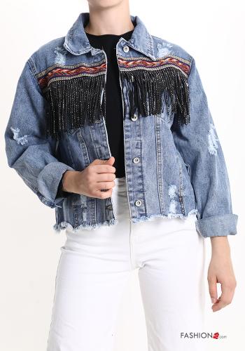  denim Cotton Jacket with buttons with fringes with rhinestones Denim