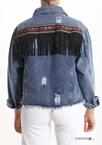  denim Cotton Jacket with buttons with fringes with rhinestones