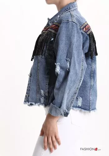  denim Cotton Jacket with buttons with fringes with rhinestones