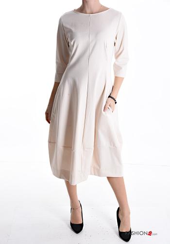 long crew neck Cotton Dress with pockets 3/4 sleeve White Cream
