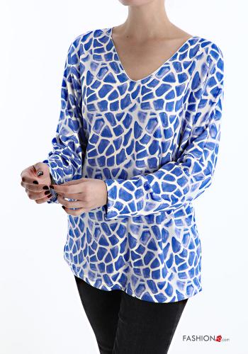  Animal print Long sleeved top with v-neck Electric blue