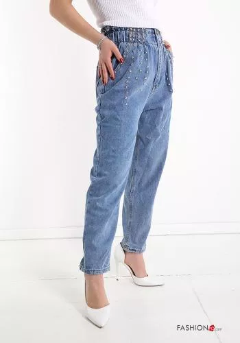  Jeans in Cotone con tasche con bottoni con borchie 