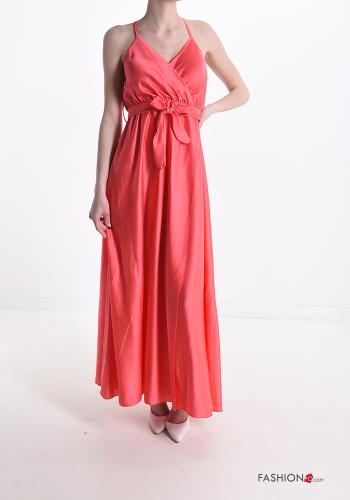  V-Ausschnitt Satin Ärmelloses Kleid mit Gürtel Rot Rosa