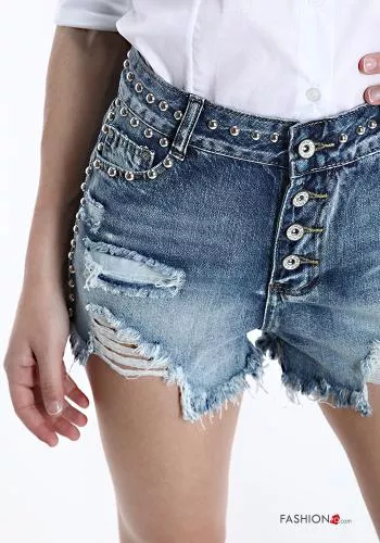  denim Cotton Shorts with buttons with pockets with fringes with studs